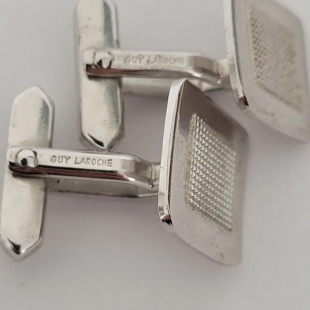 Guy Laroche Paris Silver Tone Logo Cufflinks Signed Square French Designer‎